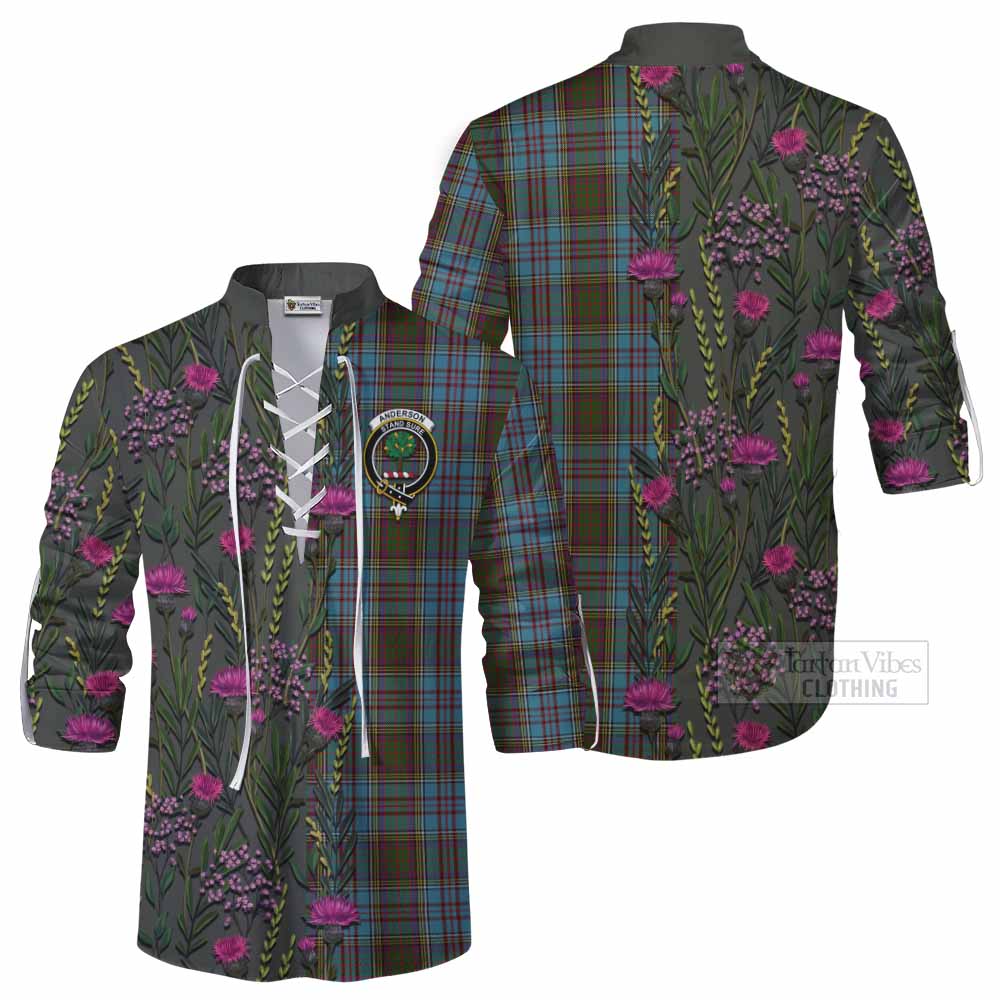 Anderson Family Crest Tartan Ghillie Shirt Scottish Thistle Flower Pattern Half Style - Tartan Vibes Clothing