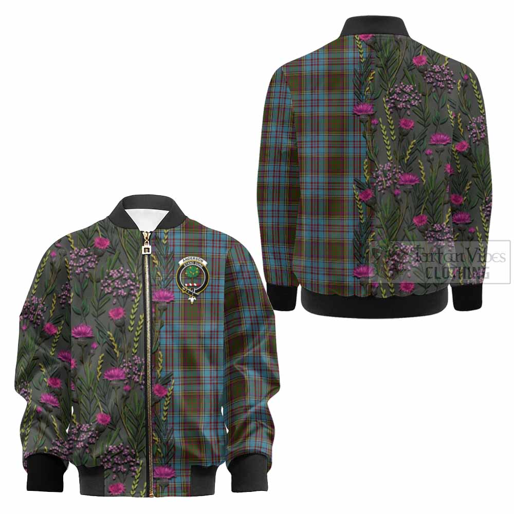 Anderson Family Crest Tartan Kid Bomber Jacket Scottish Thistle Flower Pattern Half Style - Tartan Vibes Clothing