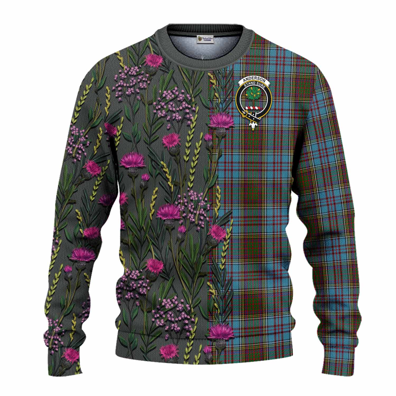 Anderson Family Crest Tartan Knitted Sweater Scottish Thistle Flower Pattern Half Style - Tartan Vibes Clothing