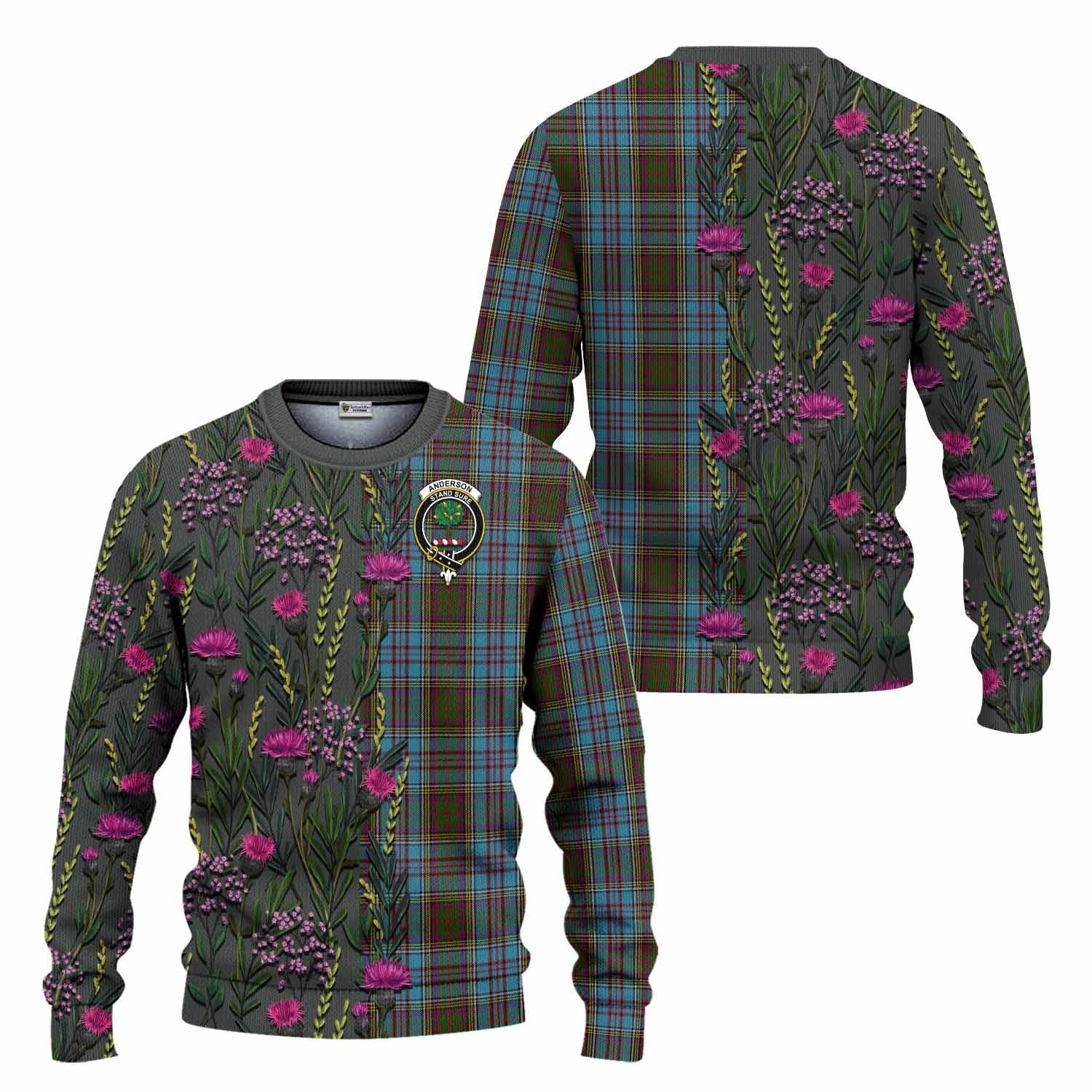 Anderson Family Crest Tartan Knitted Sweater Scottish Thistle Flower Pattern Half Style - Tartan Vibes Clothing