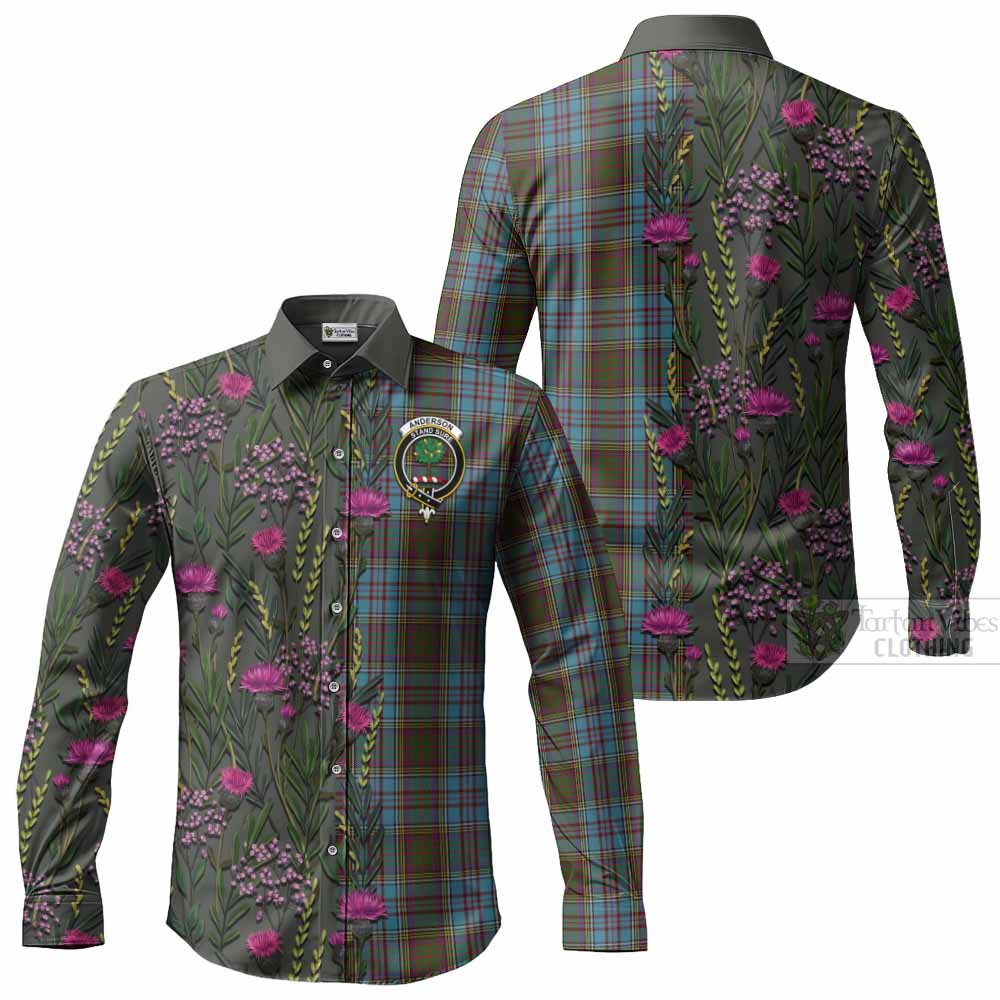 Anderson Family Crest Tartan Long Sleeve Button Shirts Scottish Thistle Flower Pattern Half Style - Tartan Vibes Clothing