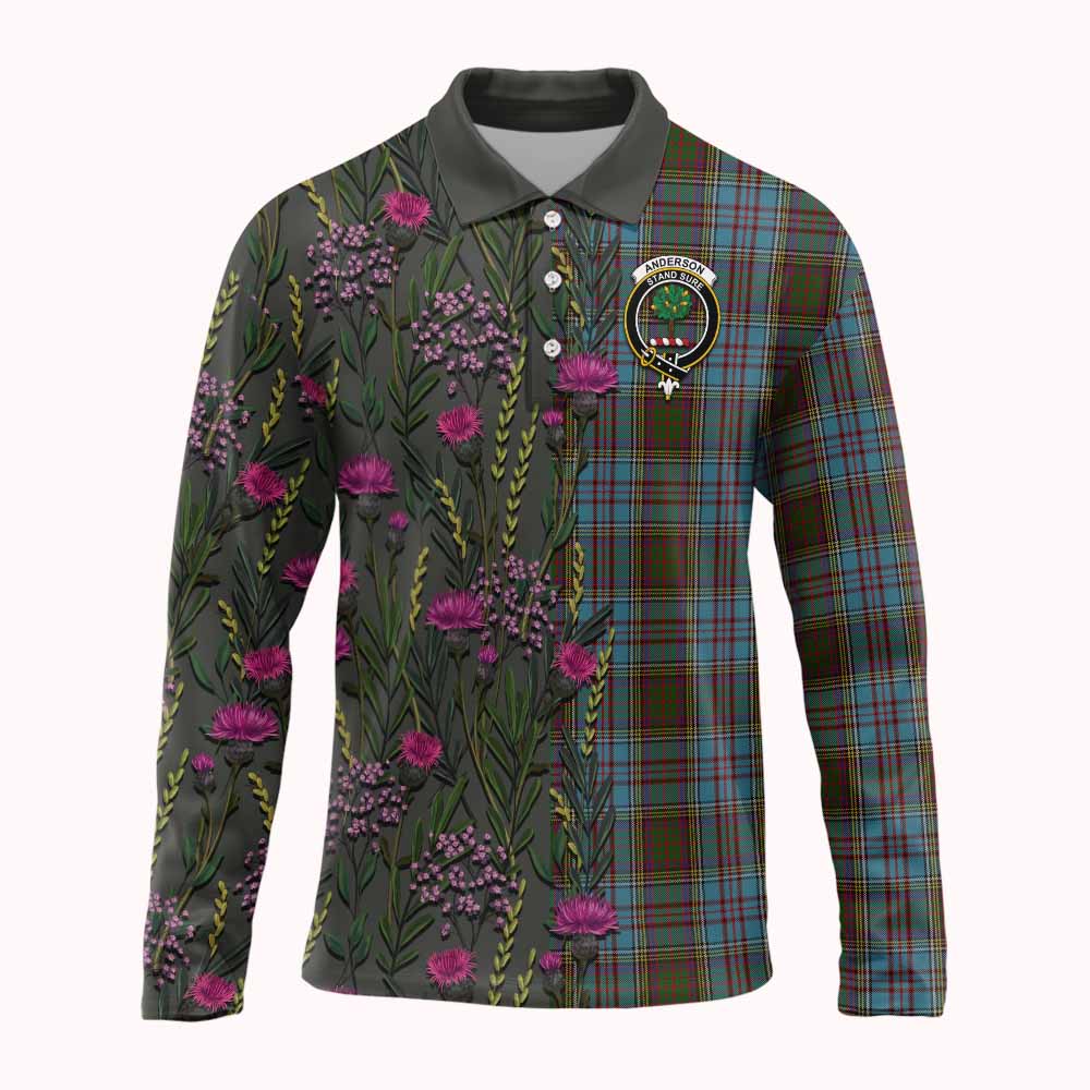 Anderson Family Crest Tartan Long Sleeve Polo Shirt Scottish Thistle Flower Pattern Half Style - Tartan Vibes Clothing