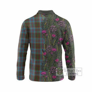 Anderson Family Crest Tartan Long Sleeve Polo Shirt Scottish Thistle Flower Pattern Half Style