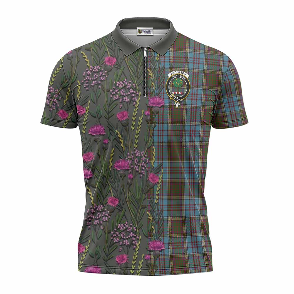 Anderson Family Crest Tartan Zipper Polo Shirt Scottish Thistle Flower Pattern Half Style - Tartan Vibes Clothing