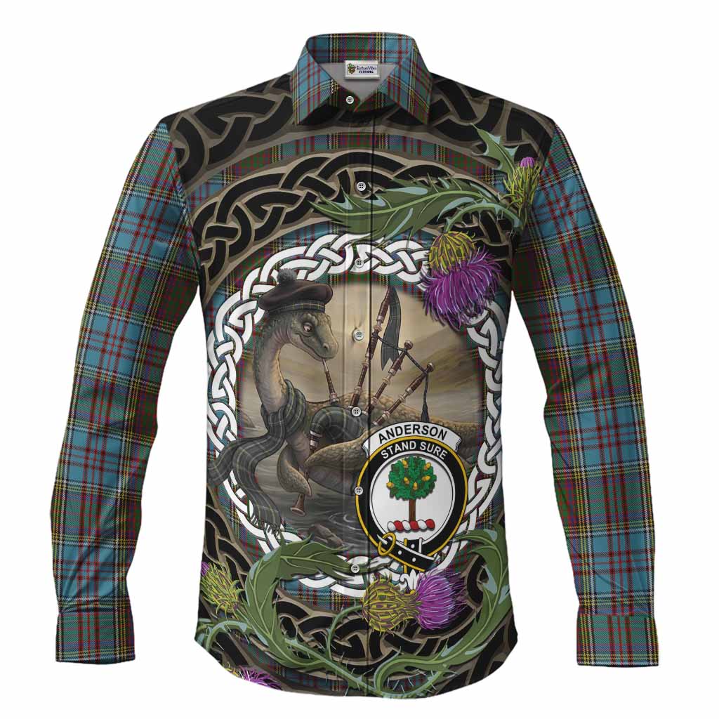 Anderson Tartan Crest Bagpipe Nessie Long Sleeve Button Shirts Scottish Loch Ness Monster Celtic Thistle
