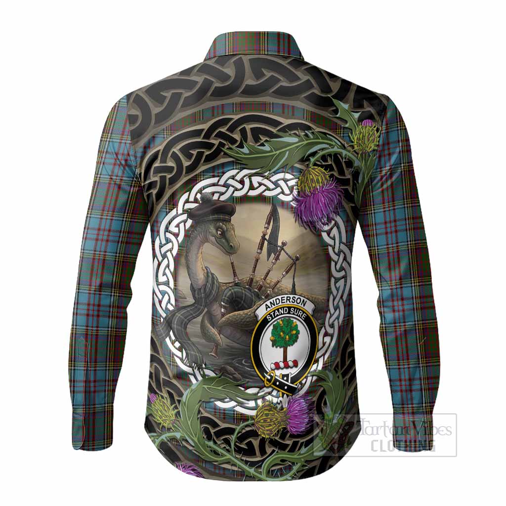 Anderson Tartan Crest Bagpipe Nessie Long Sleeve Button Shirts Scottish Loch Ness Monster Celtic Thistle