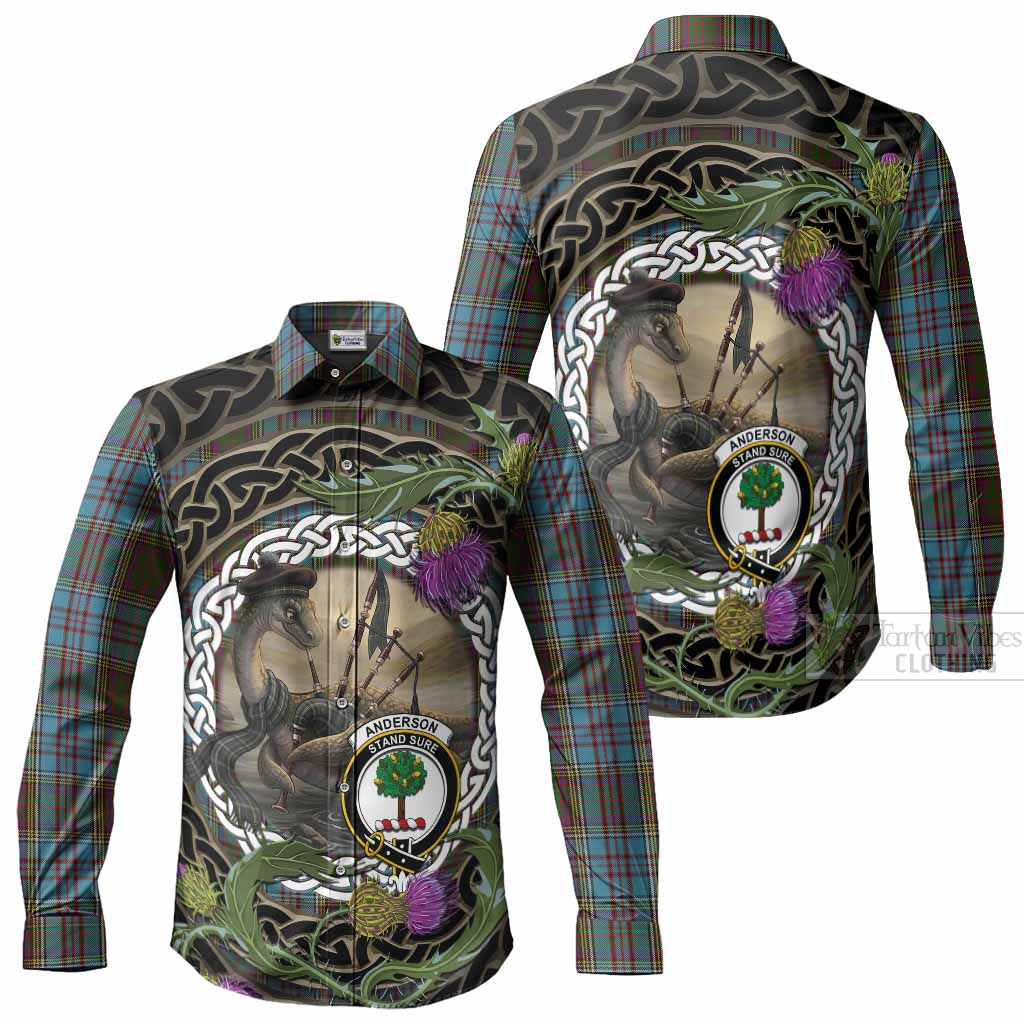 Anderson Tartan Crest Bagpipe Nessie Long Sleeve Button Shirts Scottish Loch Ness Monster Celtic Thistle