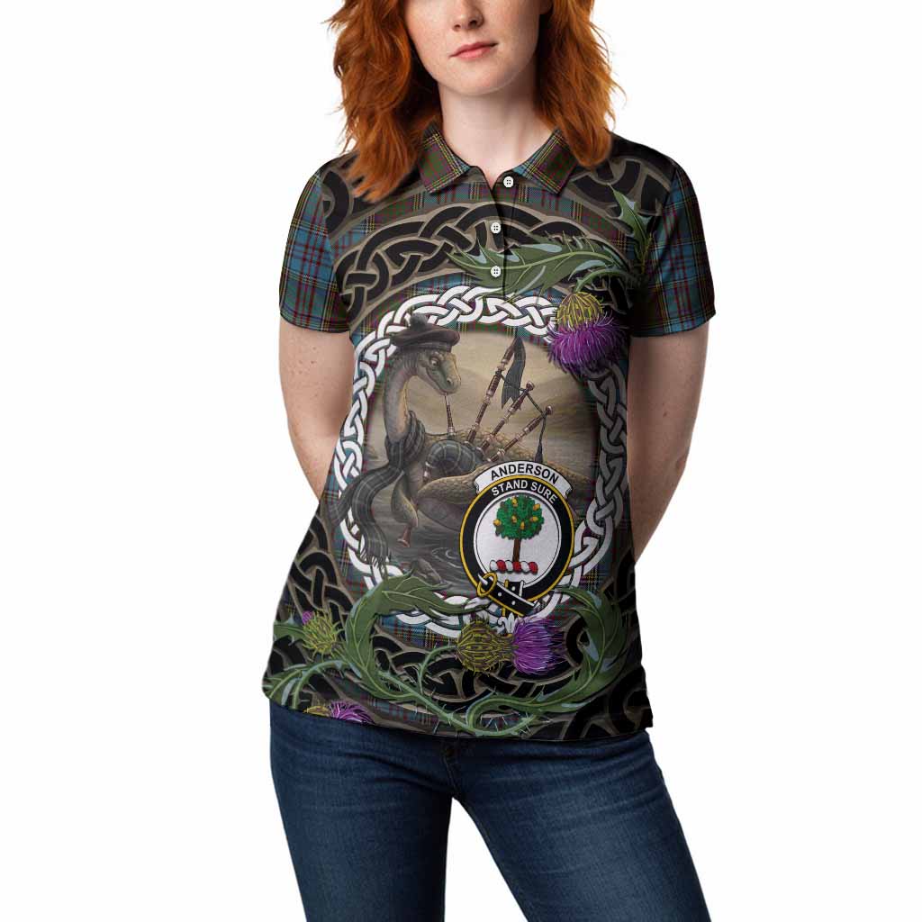 Anderson Tartan Crest Bagpipe Nessie Women Polo Shirt Scottish Loch Ness Monster Celtic Thistle