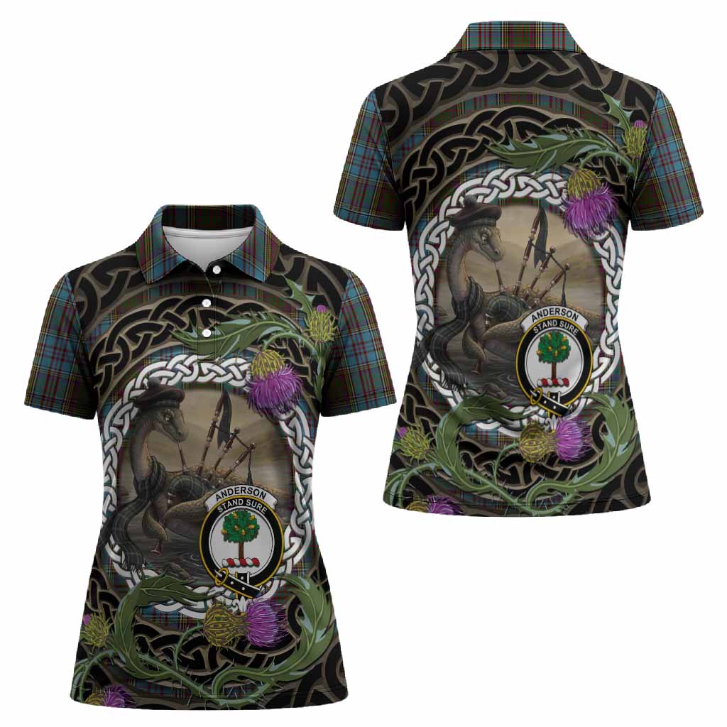 Anderson Tartan Crest Bagpipe Nessie Women Polo Shirt Scottish Loch Ness Monster Celtic Thistle