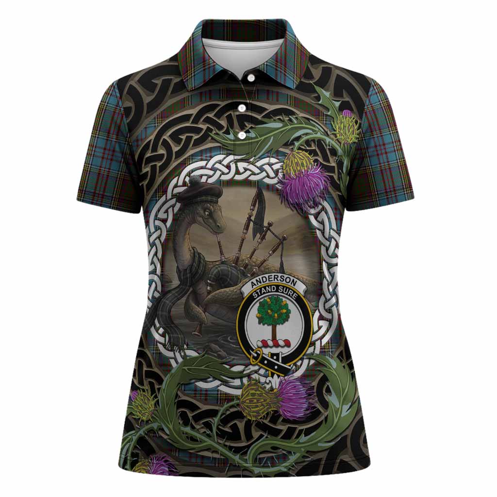 Anderson Tartan Crest Bagpipe Nessie Women Polo Shirt Scottish Loch Ness Monster Celtic Thistle
