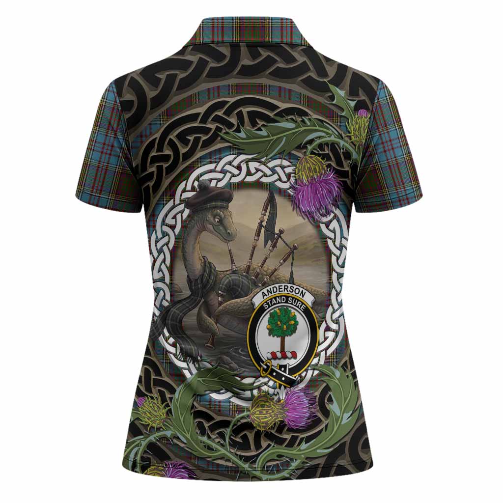 Anderson Tartan Crest Bagpipe Nessie Women Polo Shirt Scottish Loch Ness Monster Celtic Thistle