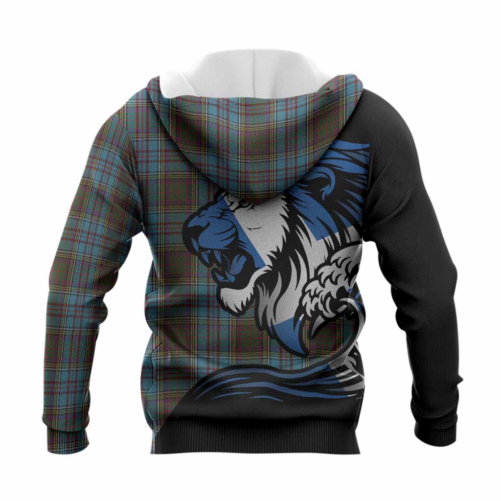 Anderson Tartan Crest Knitted Hoodie Scottish Golden Lions Wave Flow