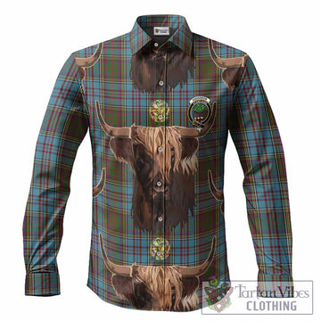 Anderson Tartan Crest Long Sleeve Button Shirts Scotland Heilan Coo Tartan Seamless Style