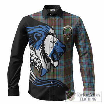 Anderson Tartan Crest Long Sleeve Button Shirts Scottish Golden Lions Wave Flow