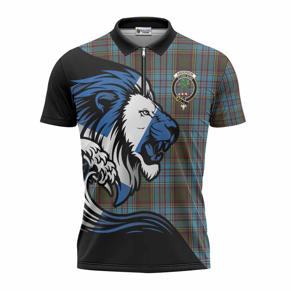 Anderson Tartan Crest Zipper Polo Shirt Scottish Golden Lions Wave Flow