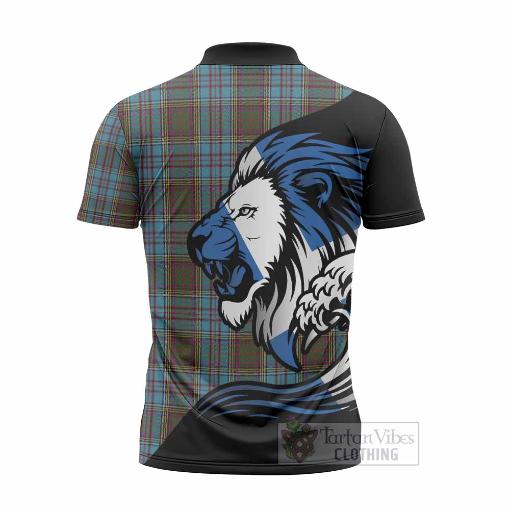 Anderson Tartan Crest Zipper Polo Shirt Scottish Golden Lions Wave Flow