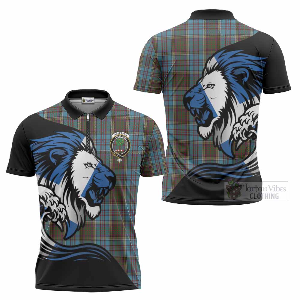 Anderson Tartan Crest Zipper Polo Shirt Scottish Golden Lions Wave Flow