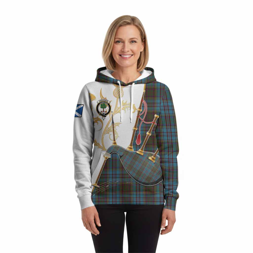 Anderson Tartan Family Crest Hoodie Bagpipes with Scottish Thistle
