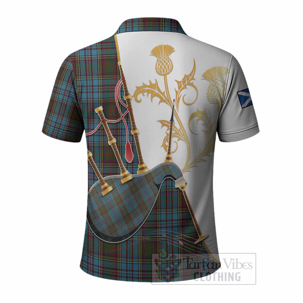 Anderson Tartan Family Crest Polo Shirt Bagpipes with Scottish Thistle