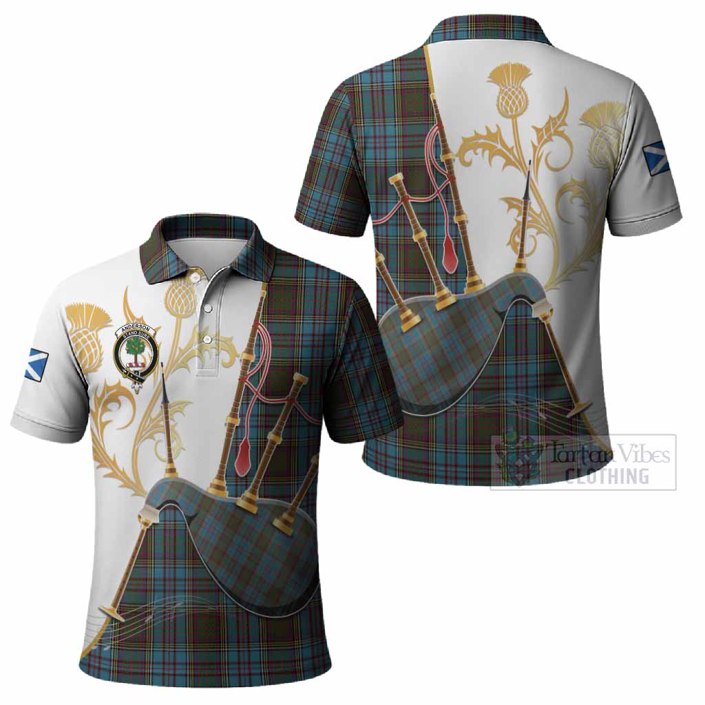 Anderson Tartan Family Crest Polo Shirt Bagpipes with Scottish Thistle