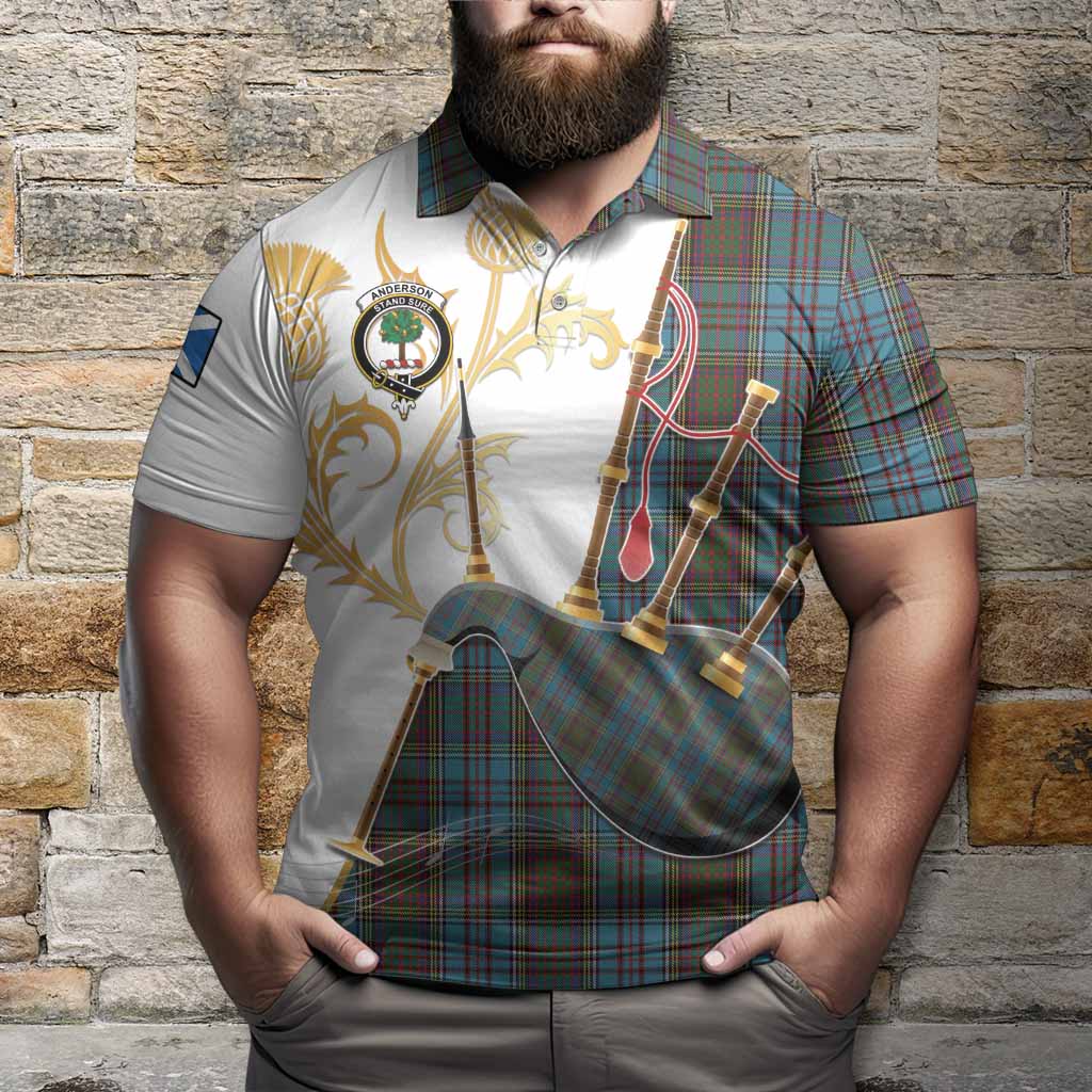 Anderson Tartan Family Crest Polo Shirt Bagpipes with Scottish Thistle