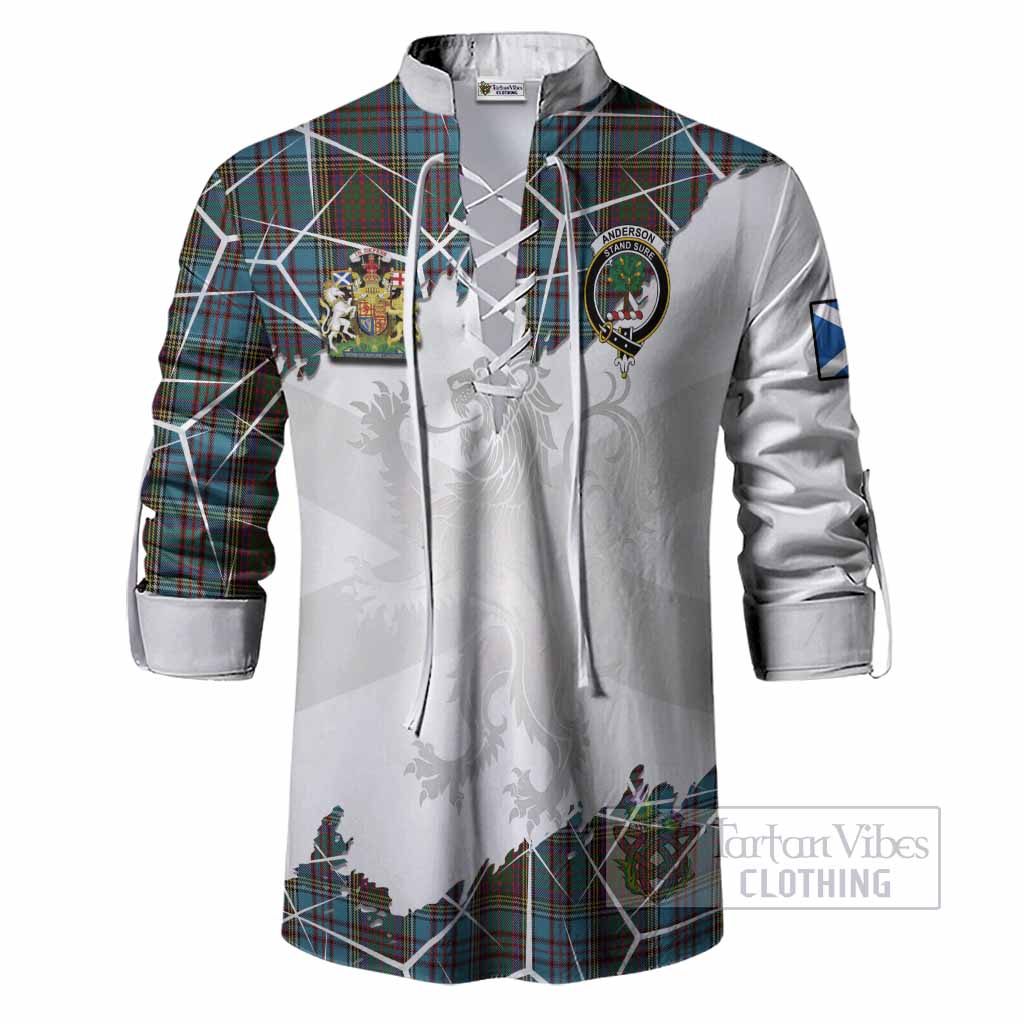 Anderson Tartan Ghillie Shirt with Family Crest and Lion Rampant Grunge Style