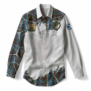 Anderson Tartan Women Casual Shirt with Family Crest and Lion Rampant Grunge Style