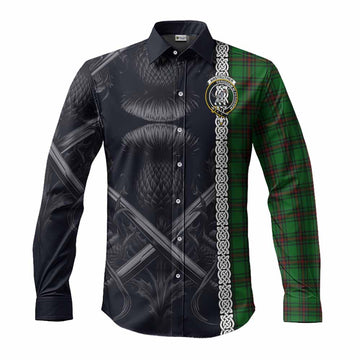 Tartan Vibes Clothing Anstruther Tartan Long Sleeve Button Shirt with Family Crest Cross Sword Thistle Celtic Vibes