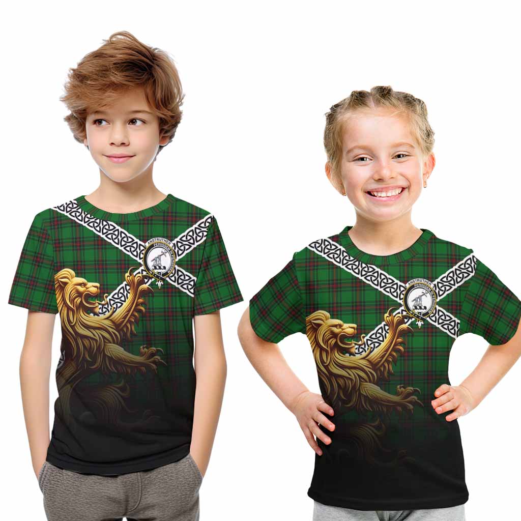Anstruther Crest Tartan Kid T-Shirt with Golden Lion Emblem Celtic Style Youth XL Size14 - Tartan Vibes Clothing