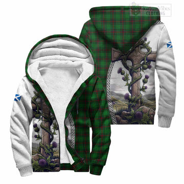 Anstruther Tartan Sherpa Hoodie with Family Crest and St. Andrew's Cross Accented by Thistle Vines Unisex S - Tartan Vibes Clothing