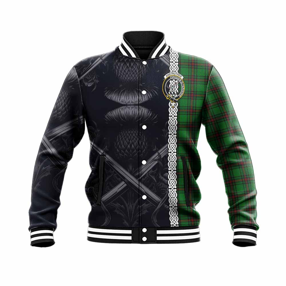 Anstruther Tartan Baseball Jacket with Family Crest Cross Sword Thistle Celtic Vibes Unisex - Tartan Vibes Clothing