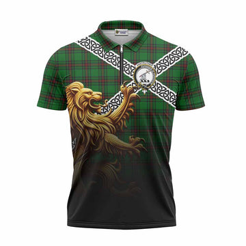 Anstruther Crest Tartan Zipper Polo Shirt with Golden Lion Emblem Celtic Style Unisex - Tartan Vibes Clothing