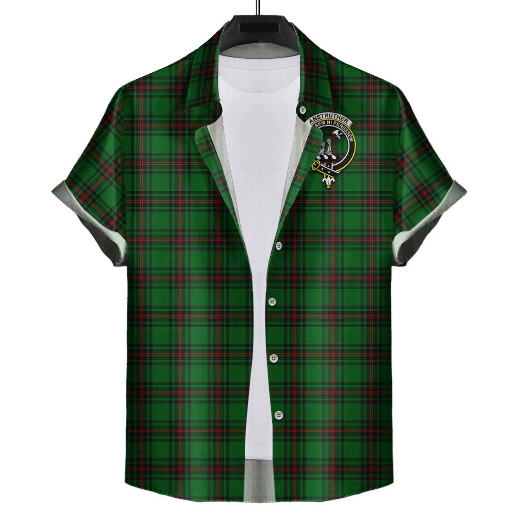 Anstruther Tartan Short Sleeve Button Down Shirt with Family Crest - Tartanvibesclothing