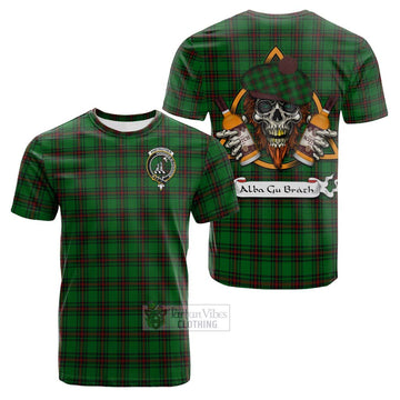 Tartan Vibes Clothing Anstruther Tartan Cotton T-shirt with Family Crest and Bearded Skull Holding Bottles of Whiskey