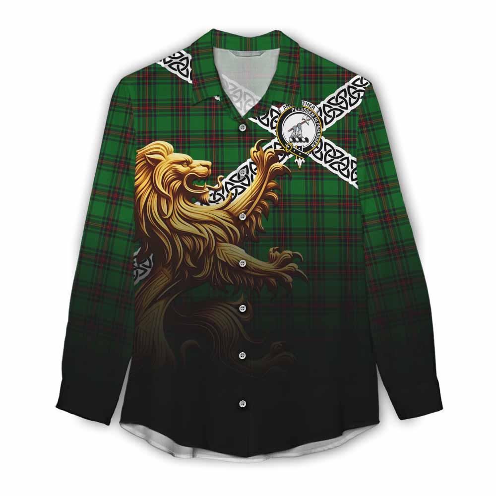 Anstruther Crest Tartan Women's Casual Shirt with Golden Lion Emblem Celtic Style Female - Tartan Vibes Clothing