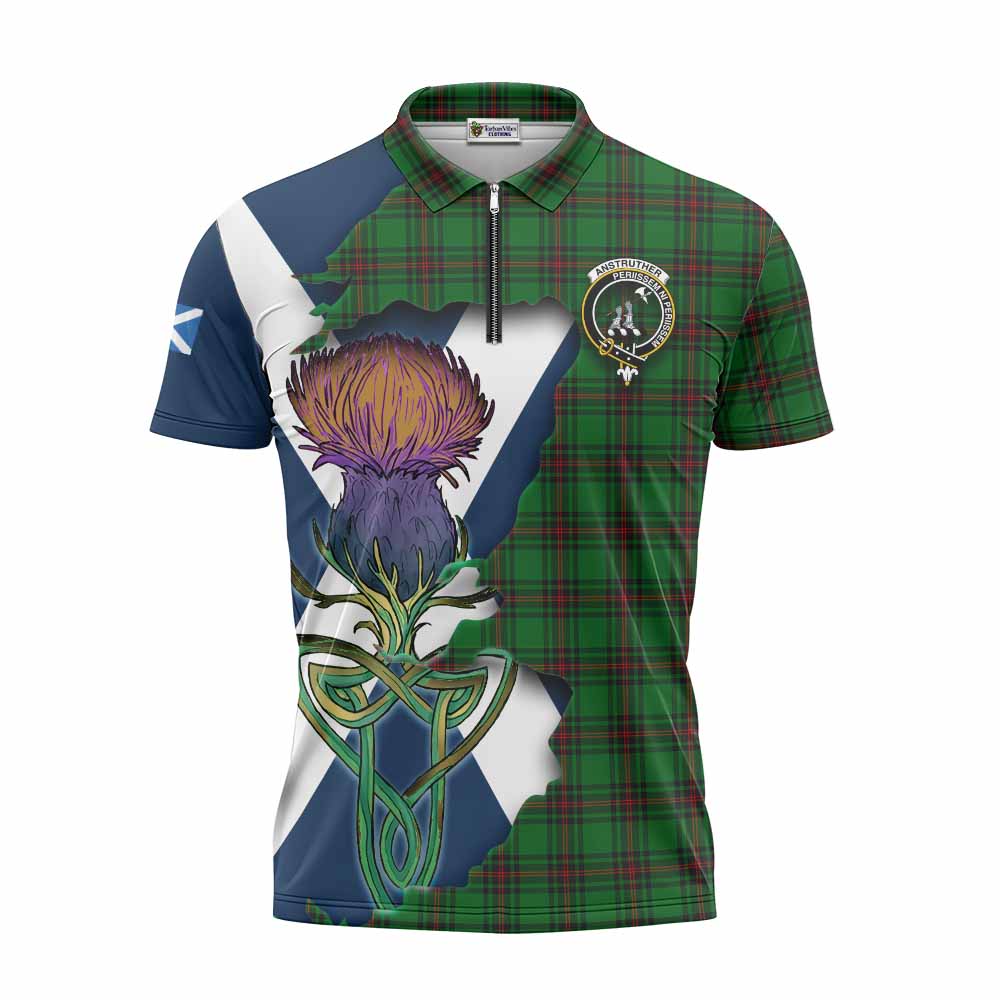 Tartan Vibes Clothing Anstruther Tartan Family Crest Zipper Polo Shirt Scottish Thistle Celtic Inspired