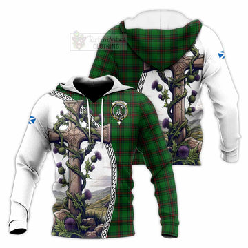 Anstruther Tartan Knitted Hoodie with Family Crest and St. Andrew's Cross Accented by Thistle Vines Unisex Knitted Pullover Hoodie - Tartan Vibes Clothing