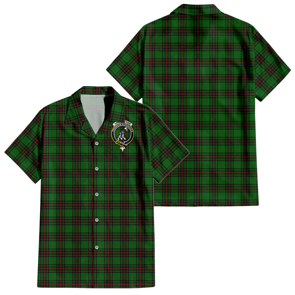 Anstruther Tartan Short Sleeve Button Down Shirt with Family Crest - Tartanvibesclothing