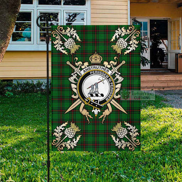 Tartan Vibes Clothing Anstruther Tartan Flag with Family Crest and Golden Thistle Crossed Sword Design