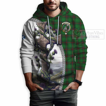 Anstruther Tartan Hoodie with Family Crest and St. Andrew's Cross Accented by Thistle Vines - Tartan Vibes Clothing