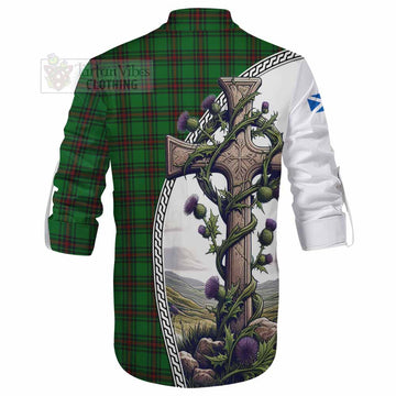 Anstruther Tartan Ghillie Kilt Shirt with Family Crest and St. Andrew's Cross Accented by Thistle Vines - Tartan Vibes Clothing