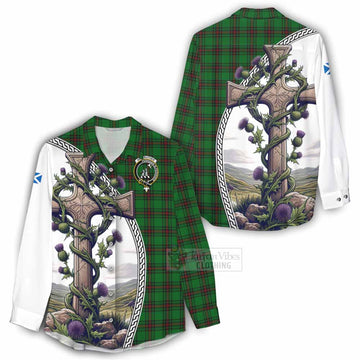 Anstruther Tartan Women's Casual Shirt with Family Crest and St. Andrew's Cross Accented by Thistle Vines - Tartan Vibes Clothing