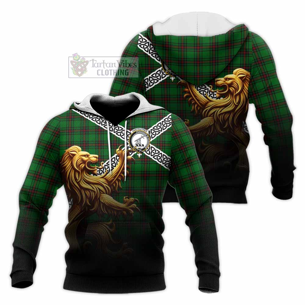 Anstruther Crest Tartan Knitted Hoodie with Golden Lion Emblem Celtic Style - Tartan Vibes Clothing