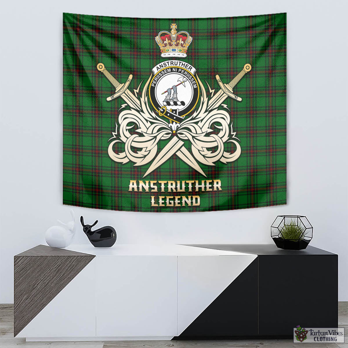 Tartan Vibes Clothing Anstruther Tartan Tapestry with Clan Crest and the Golden Sword of Courageous Legacy