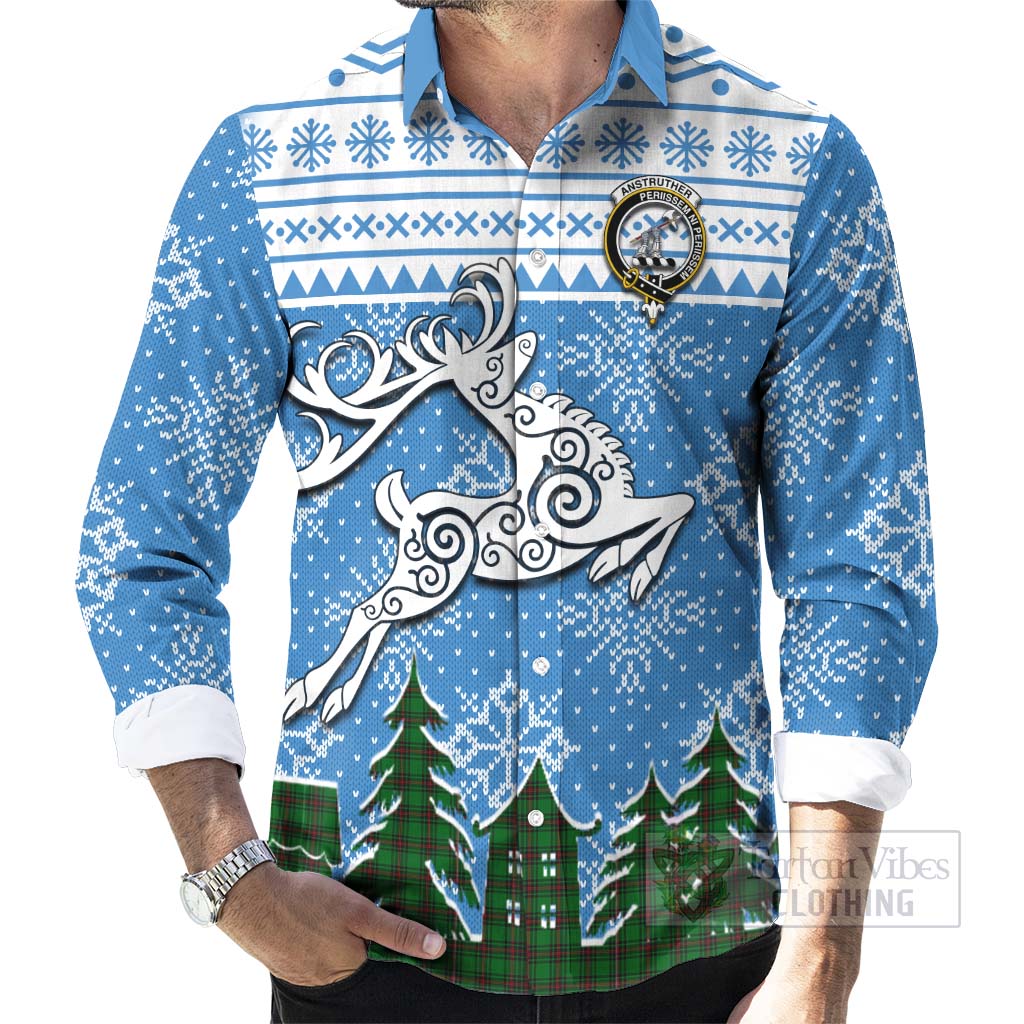 Anstruther Clan Christmas Long Sleeve Button Shirt Celtic Reindeer Style - Tartan Vibes Clothing