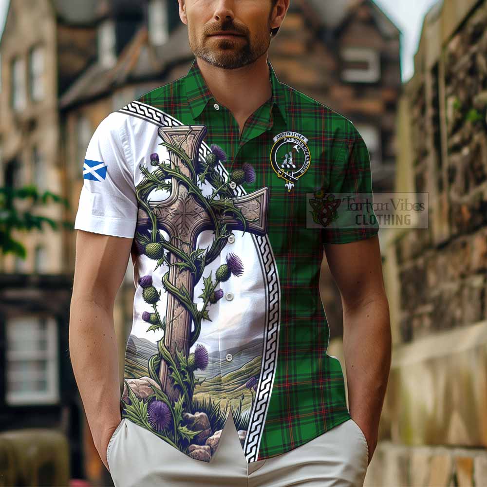 Anstruther Tartan Hawaiian Shirt with Family Crest and St. Andrew's Cross Accented by Thistle Vines - Tartan Vibes Clothing