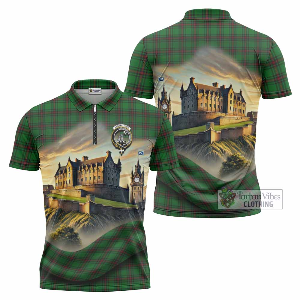 Anstruther Tartan Family Crest Zipper Polo Shirt with Scottish Ancient Castle Style - Tartan Vibes Clothing