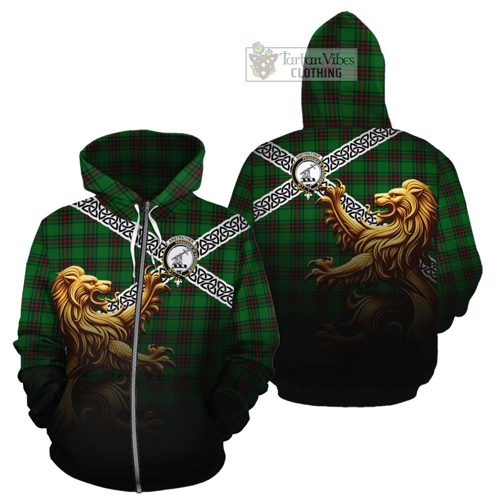Tartan Vibes Clothing Anstruther Crest Tartan Cotton Hoodie with Golden Lion Emblem Celtic Style
