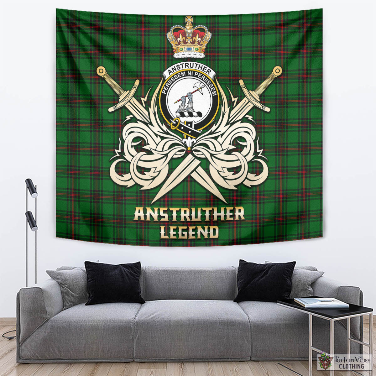 Tartan Vibes Clothing Anstruther Tartan Tapestry with Clan Crest and the Golden Sword of Courageous Legacy