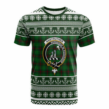 Anstruther Clan Tartan Christmas Cotton T-shirt with Family Crest - Tartan Vibes Clothing